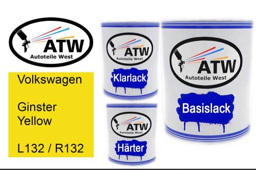 Volkswagen, Ginster Yellow, L132 / R132: 1L Lackdose + 1L Klarlack + 500ml Härter - Set, von ATW Autoteile West.